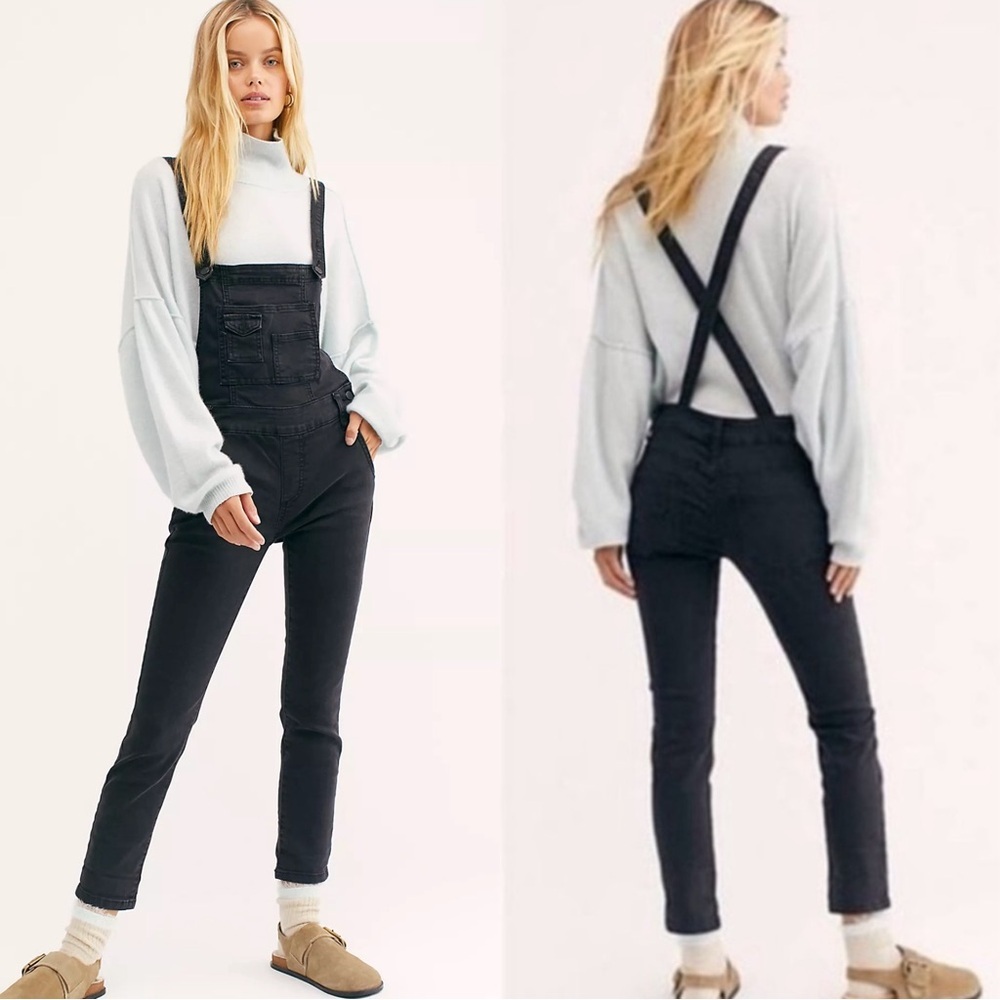 FREE PEOPLE Washed Black Jean Dungarees Denim Overalls Jumpsuit
